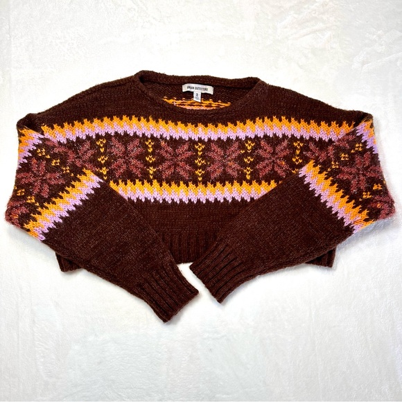 Urban Outfitters Cropped Sweater Women Size M Brown Pink Yellow FairIsle NWOT - Picture 1 of 11